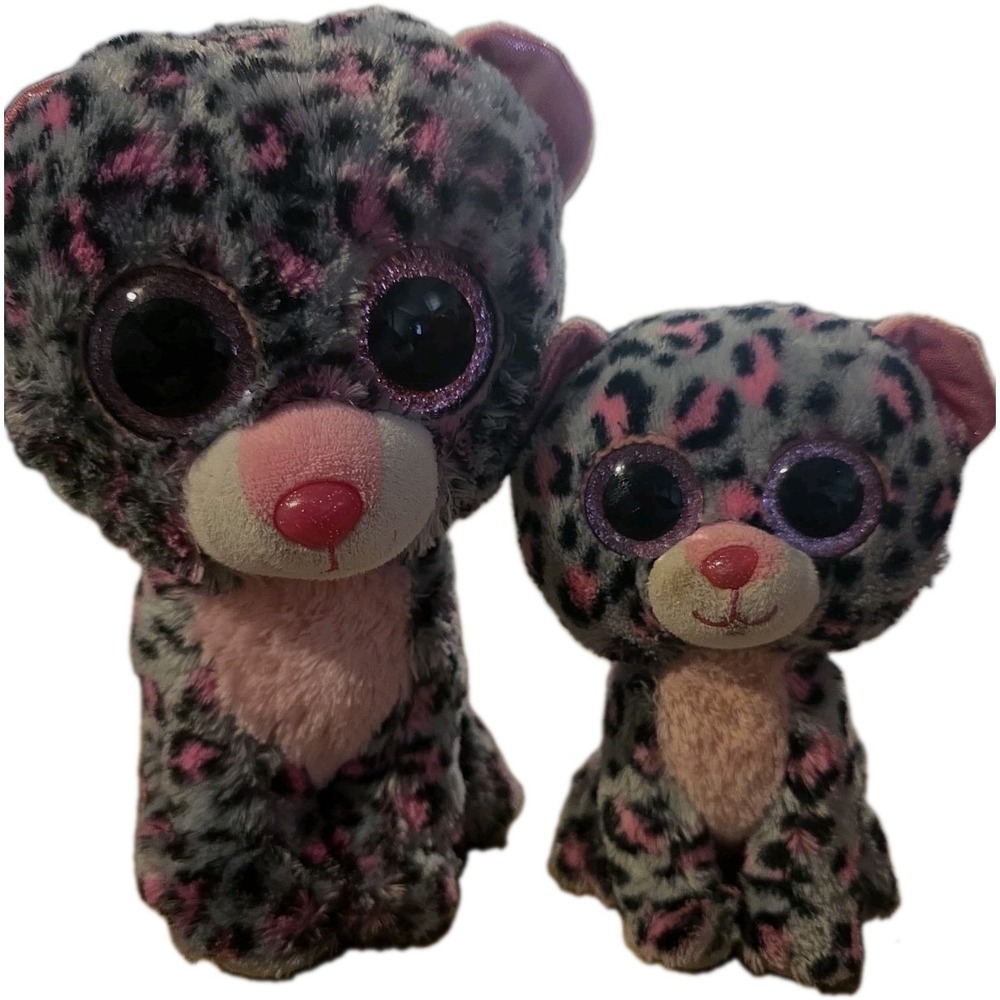 Lot Of 2! Ty Beanie Boos TASHA the Pink & Grey Leopard. Sparkly Eyes. 6&8".